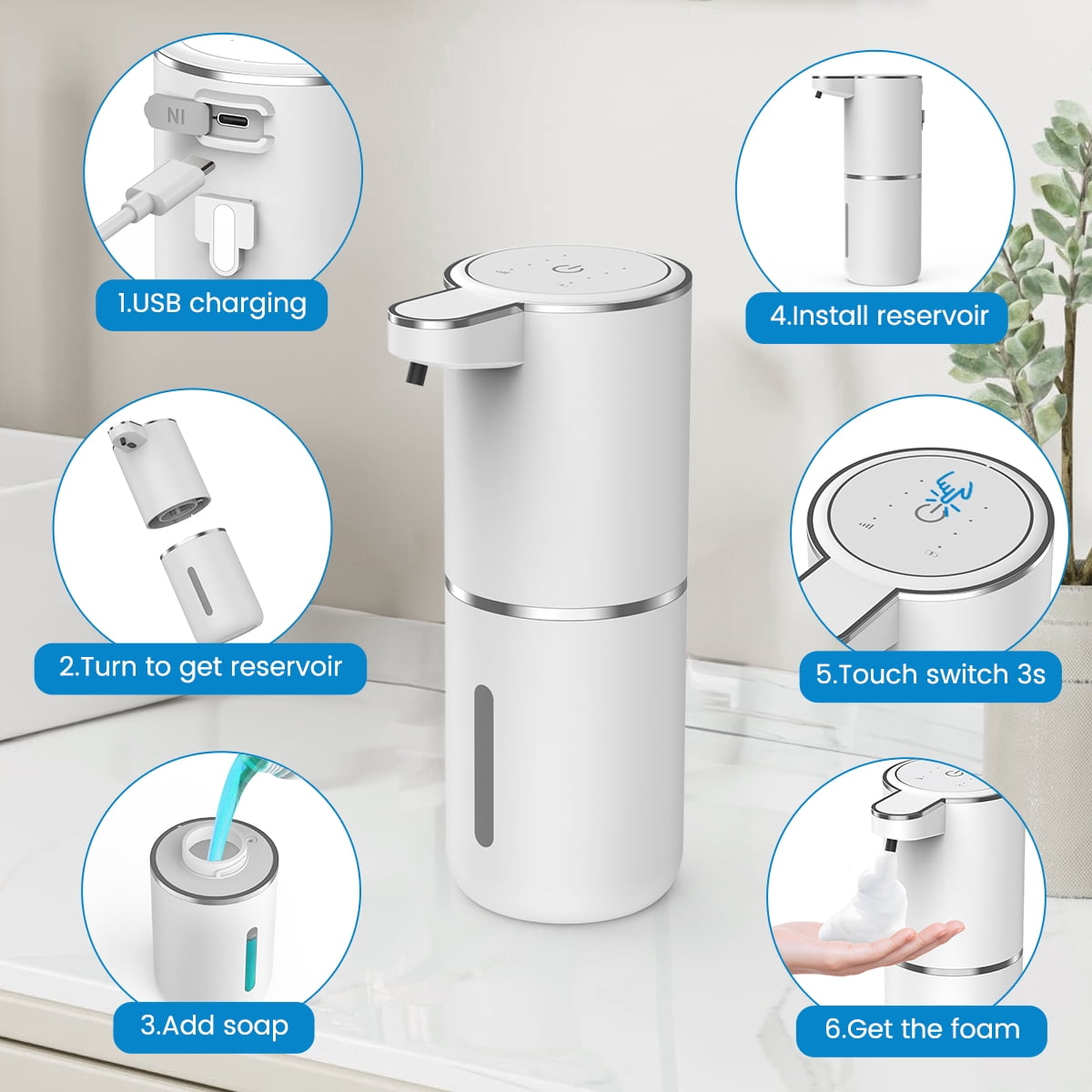 FEELSO Automatic Soap Dispenser, Touchless Foaming USB-C Rechargeable, 4-Level Adjustable, Wall Mount or Countertop, White