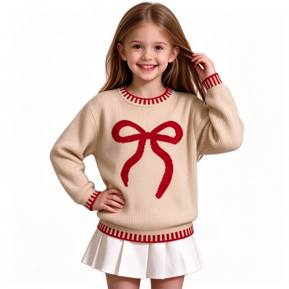 Amidoa Girls Christmas Sweater Kids Knit Pullover Sweaters Long Sleeve Crewneck Cute Soft Tops Fall Winter Clothes Beige Size 13-14 Years