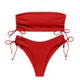 thumbnail image 4 of DHFJKG Womens Bikini Set Solid Color Two Piece Swimsuit Strapless Top With Side Drawstring Thong Bottoms Summer Pool Party Outfit Trendy Beachwear, 4 of 4