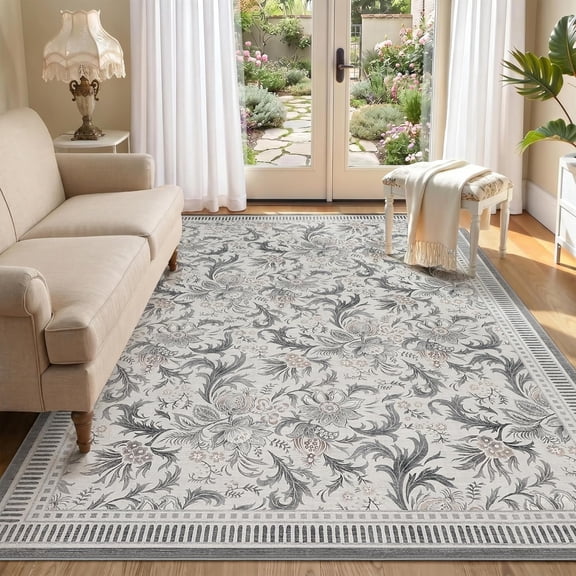 5x7 Area Rug Living Room Washable Non Slip Low Pile Floral Grey