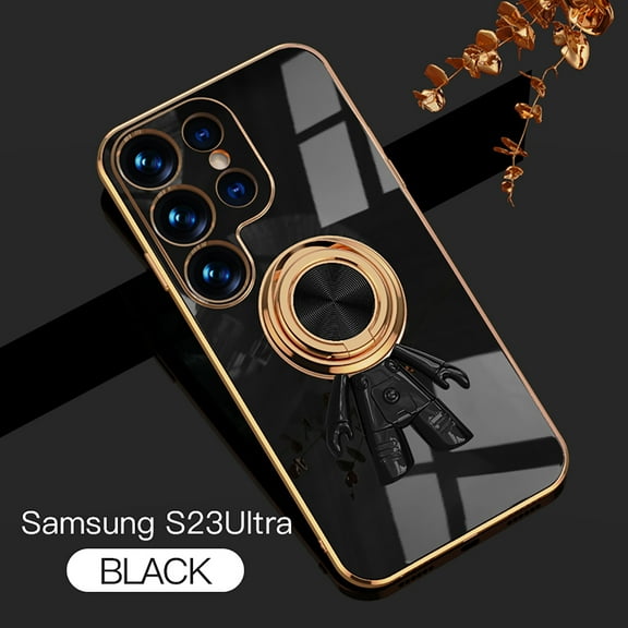 Feishell Slim Case for Samsung Galaxy S23 Ultra,Stylish Plating Cute Astronaut Portable Finger Ring Kickstand Shockproof Lightweight Flexible Silicone Magnetic Car Holder TPU Phone Case,Black