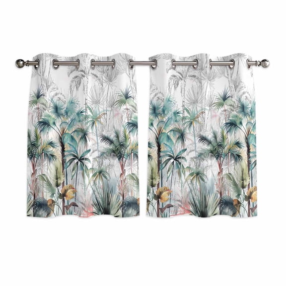 Summer Palm Trees Kitchen Curtains Short 54 Inch Length, Botanical Tropical Leaves Grommet Top Bedroom Living Room Curtains, Light Filtering Cafe Curtain Drapes 2 Panels Set 84''x54''
