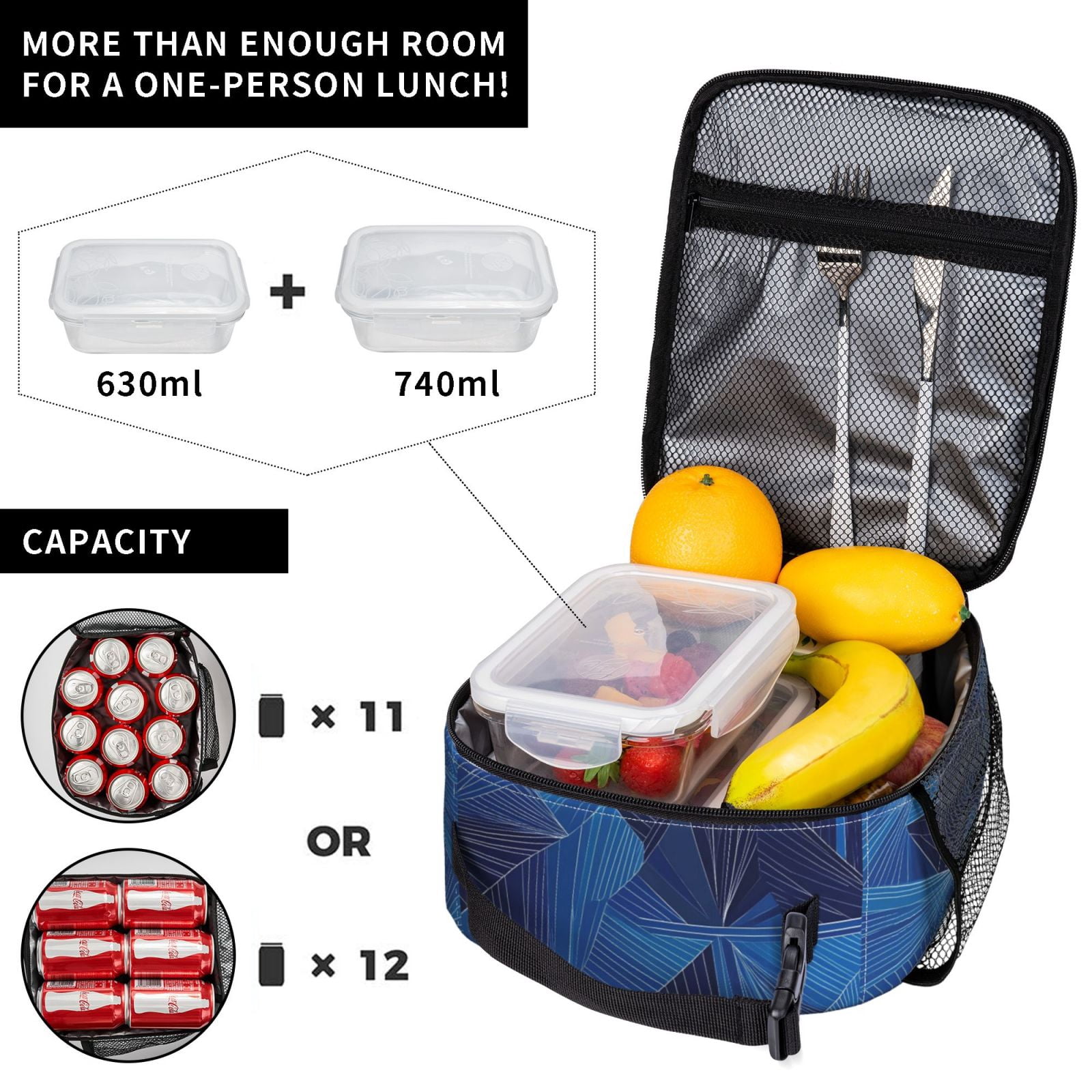 Lunch Bag For Women Men Insulated Portable Lunch Box Bento Box Office Picnic Travel Cooler Bag Blue Geometric Lines_2