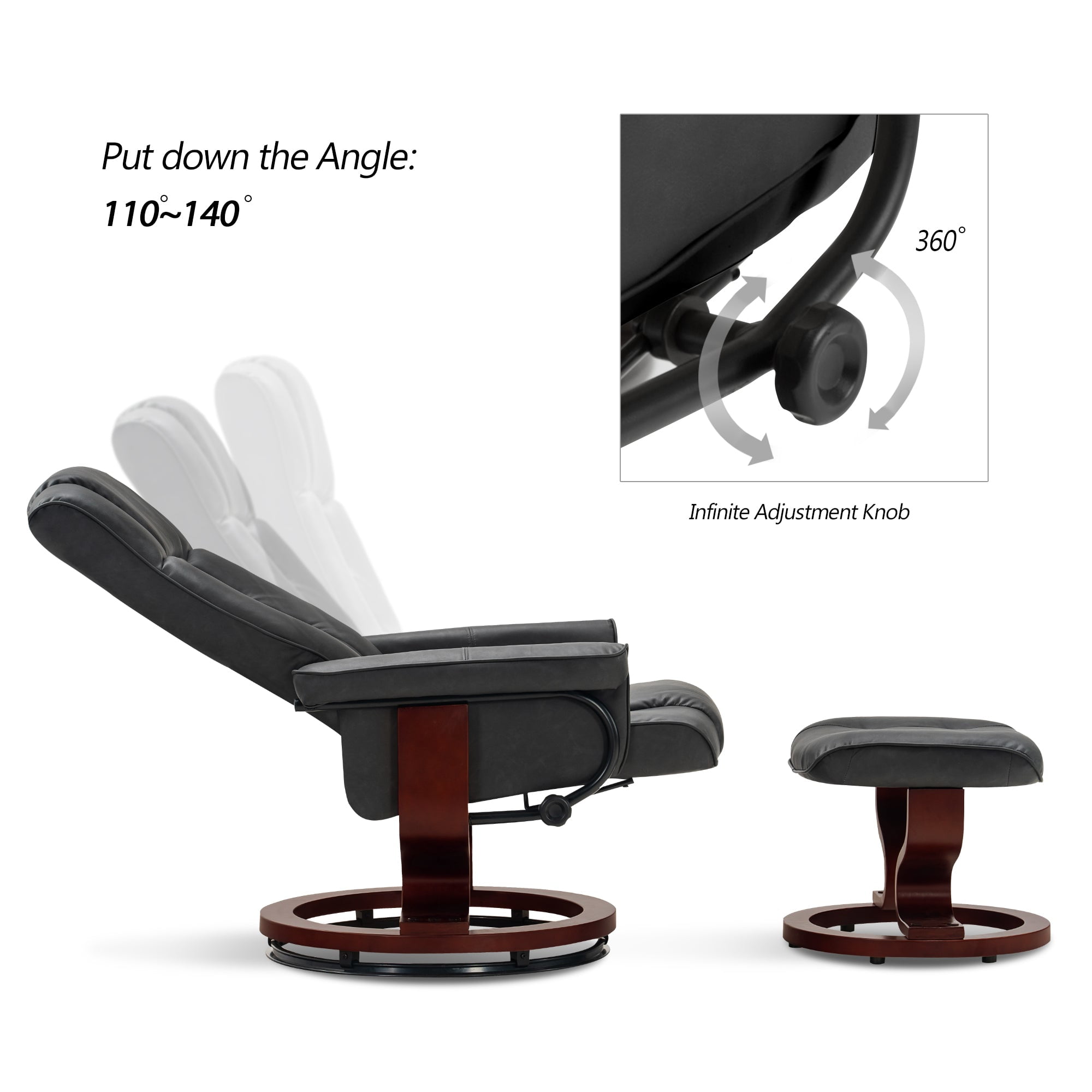 MCombo Swivel Recliner Chair with Wood Base and Ottoman, Faux Leather