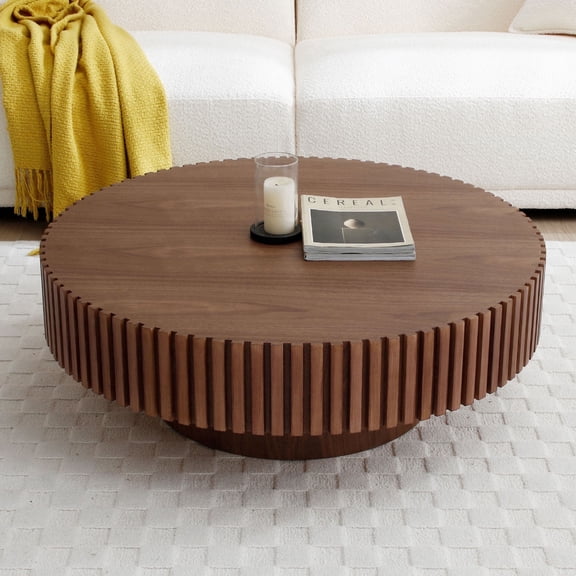 Kevinplus 31.5 inch Round Coffee Table with Sturdy Pedestal for Apartment, Living Room, Walnut