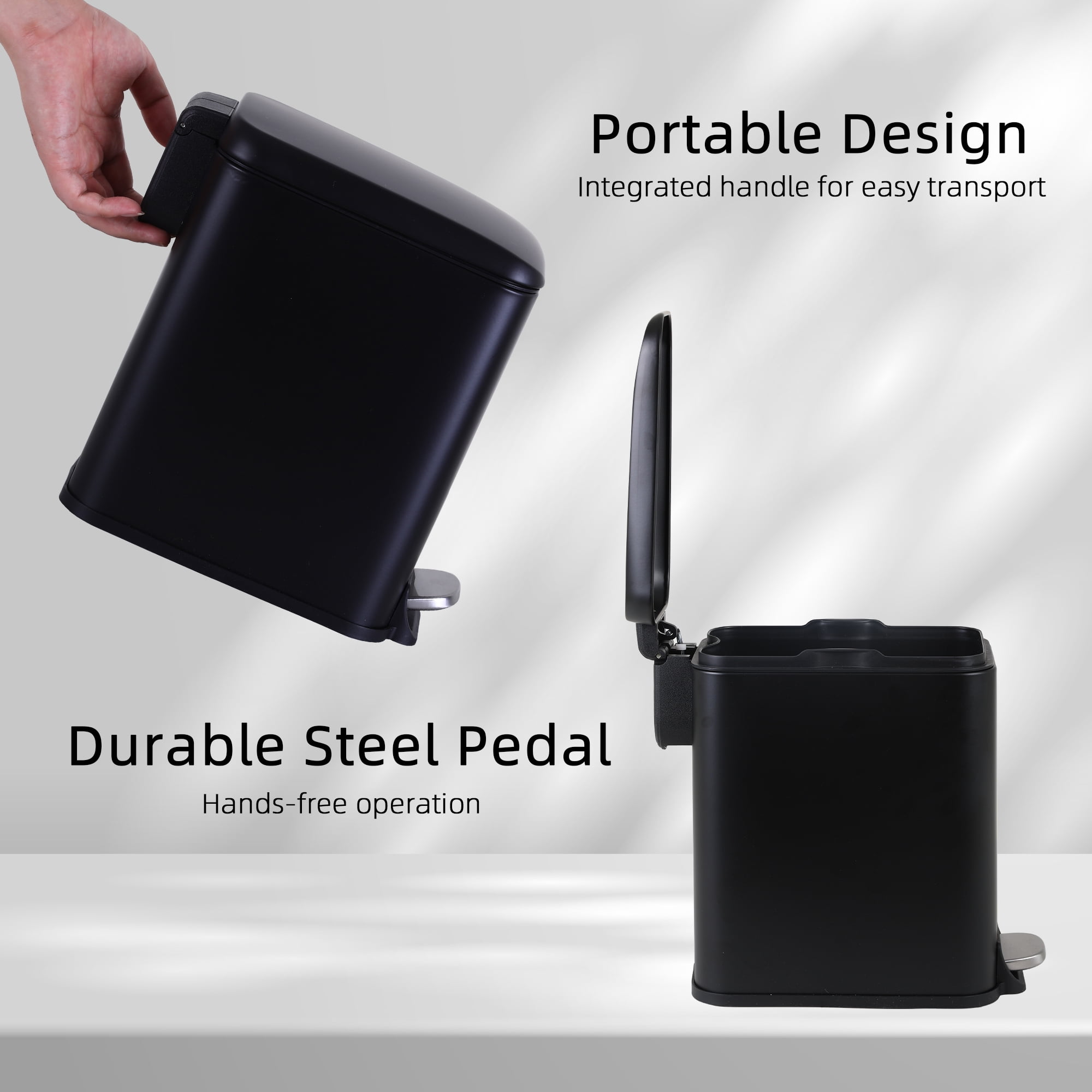 CL.HPAHKL Small Bathroom Trash Can with Soft Close Lid, 1.3 Gallon Stainless Steel Garbage Can with Removable Inner Bucket, Foot Pedal, Mini Trash Bin for Toilet, Home Office (Black, 2 Pack)