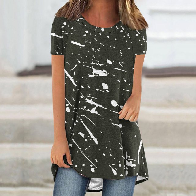 Blouses for Women, Womens Casual Printed Front Short Back Long Raglan Short Sleeved Round Neck Top