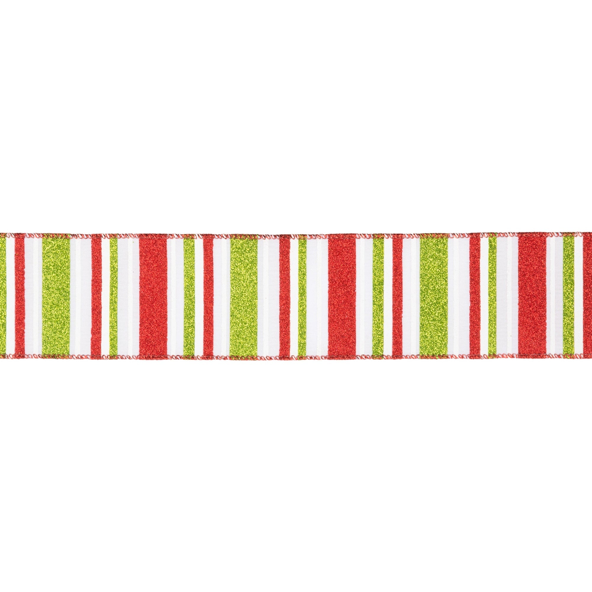 LaRibbons 2 1/2" Wired Ribbon, Red, Green, White Horizontal Glittered Stripes on White, 10 Yard Roll