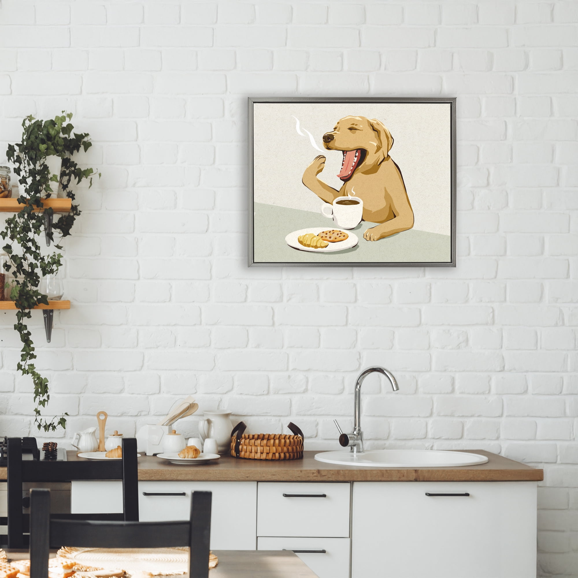 Stupell Industries Yawning Dog with Morning Coffee Gray Framed Floater Canvas Wall Art, design by Ziwei Li