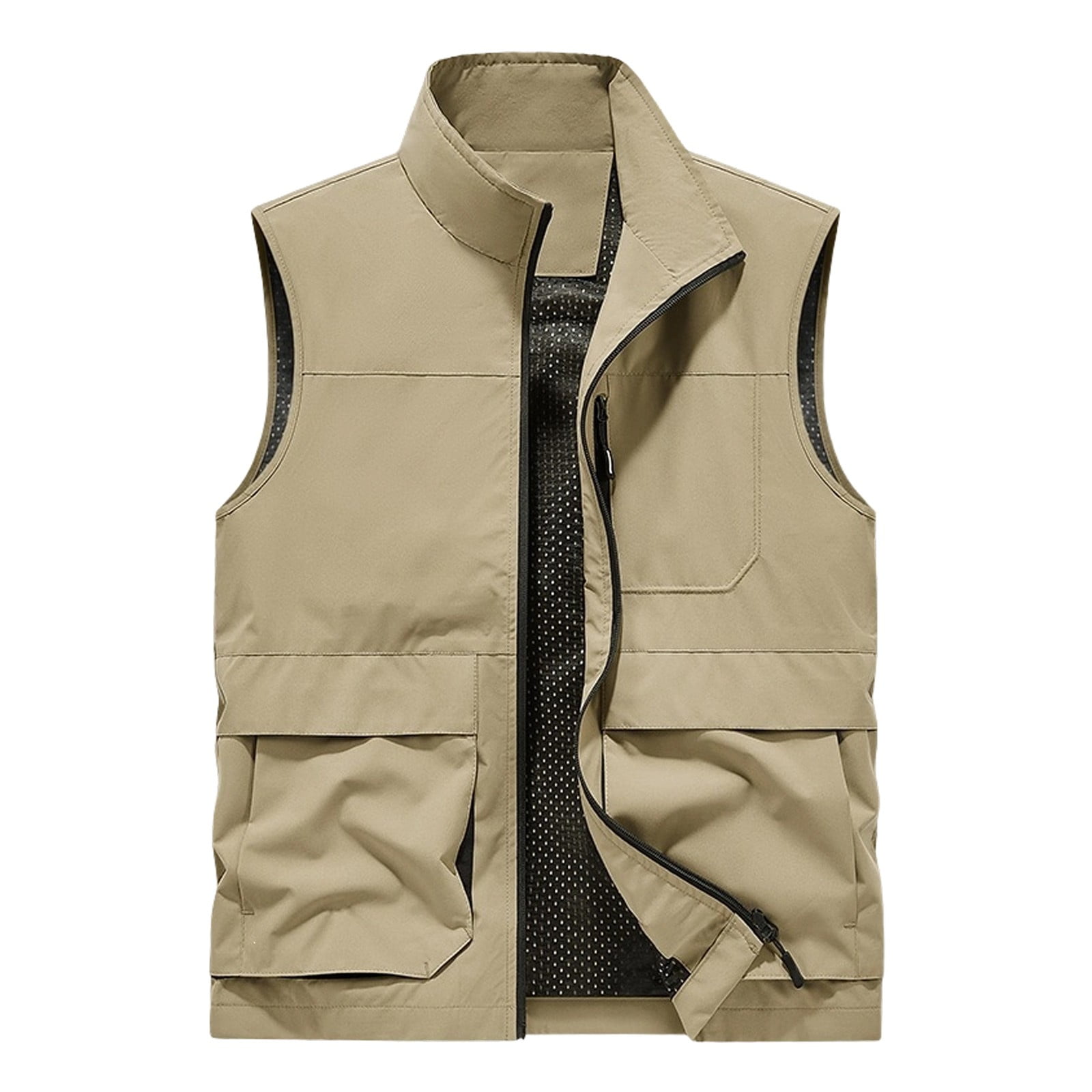 Fishing Jacket Men Multi-Pocket Zip Up Stand Collar Sleeveless Outdoor Climbing Top Coat S-5XL