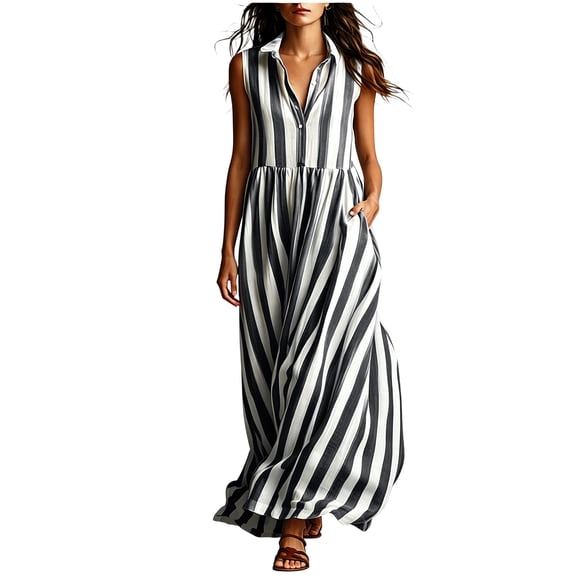Women's Casual Sleeveless Lapel Striped Dress with Pockets, Lightweight Fashion