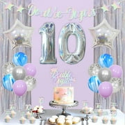 Jollyboom Iridescent 10th PriNst Birthday Decorations Girl, Double Digits Banner Cupcake Cake Topper Silver Fringe Curtains Star Foil Balloons for 10 Years Old Birthday Party Supplies
