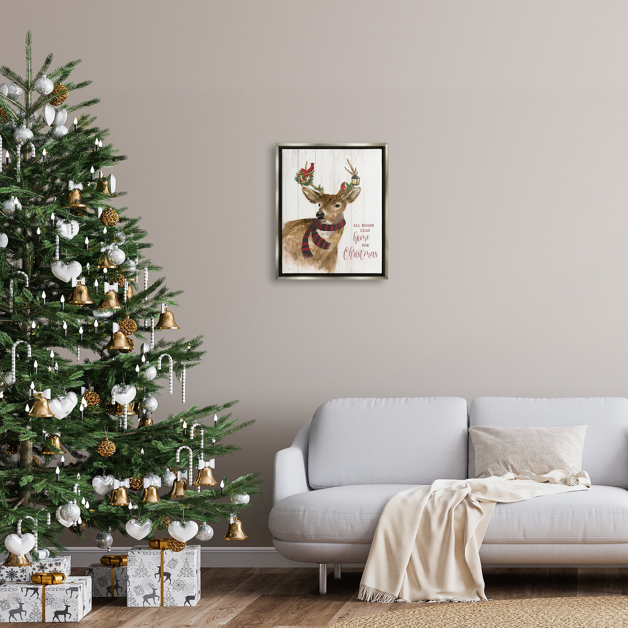 Stupell Industries All Roads Lead Home Christmas Deer Holiday Painting Gray Floater Framed Art Print Wall Art