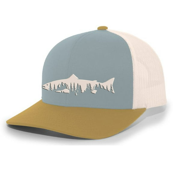 Heritage Pride Freshwater Fish Forest Mountain Scenic Salmon Mens Embroidered Mesh Back Trucker Hat, Smoke Blue/Amber/Beige