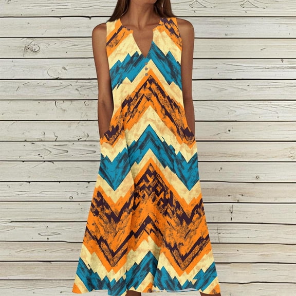 Women's Tropical Sleeveless Midi Tank Dress V Neck Colorful Leaf Print Summer Sundress with Pockets Relaxed Fit Flowy A-Line Dress For Summer Holiday Beach Wear