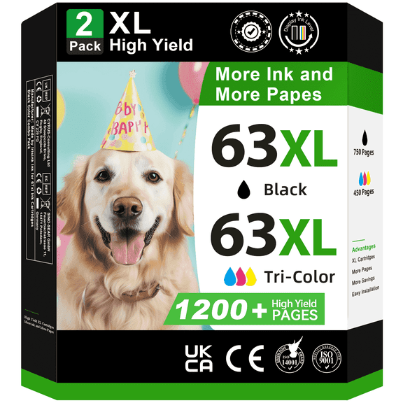 63XL Ink Cartridges Compatible for HP 63 Ink for Envy 4520 4512 Officejet 3830 4650 5250 Printer (2-Pack, Black/Tri-color )
