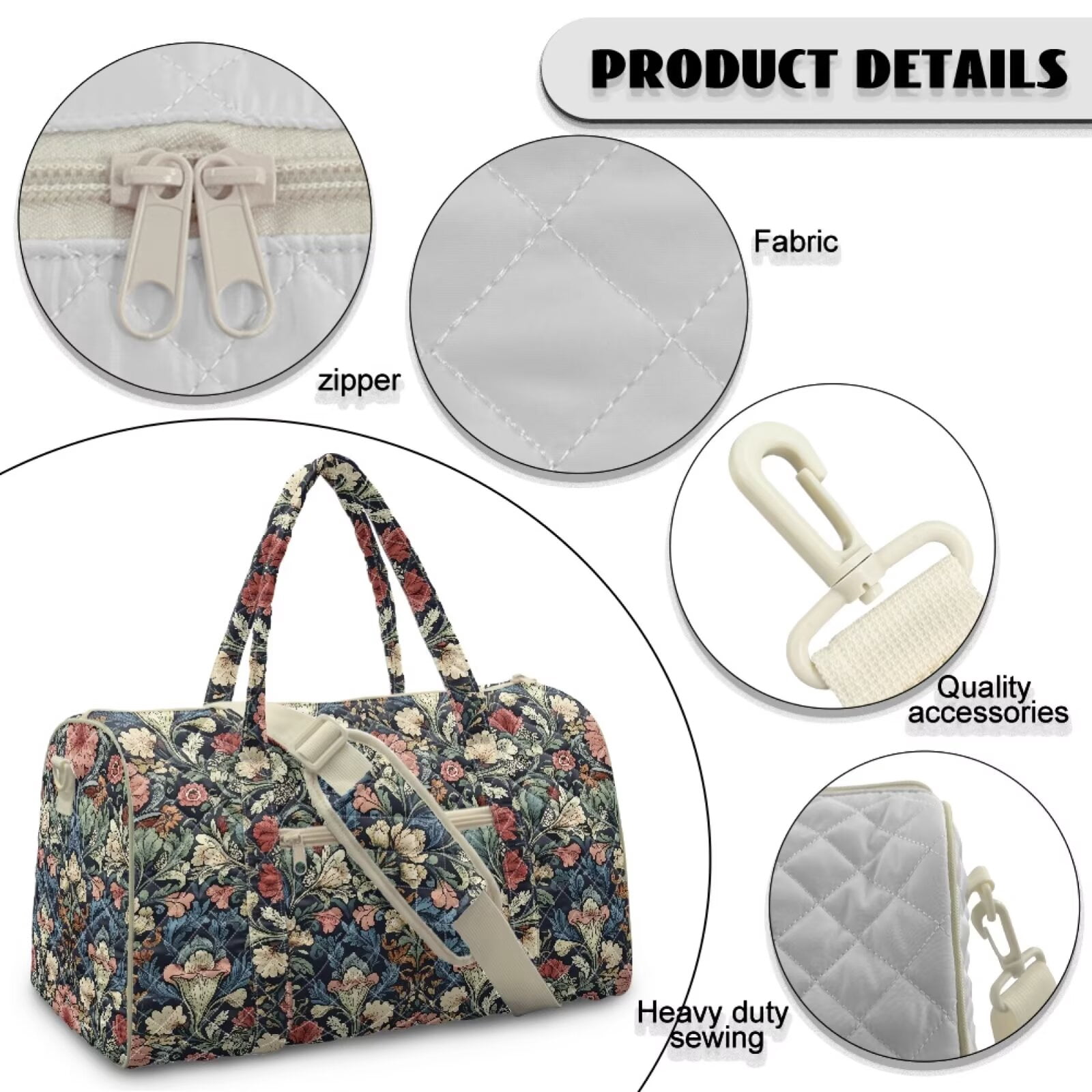 Chririnla Classic Dark Floral Print Quilted Sports Bag Universal Fit Gym Duffle Casual Change Bag with Separate Compartment & Polyester Fabric for Women Men