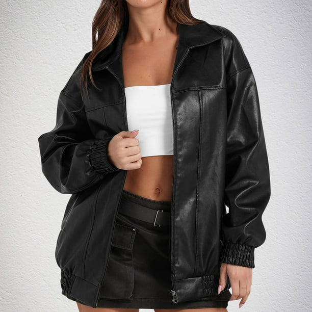 Chaquetas y abrigos de piel sintética de manga larga sin capucha para mujer, con cuello vuelto, de poliéster, para otoño e invierno.