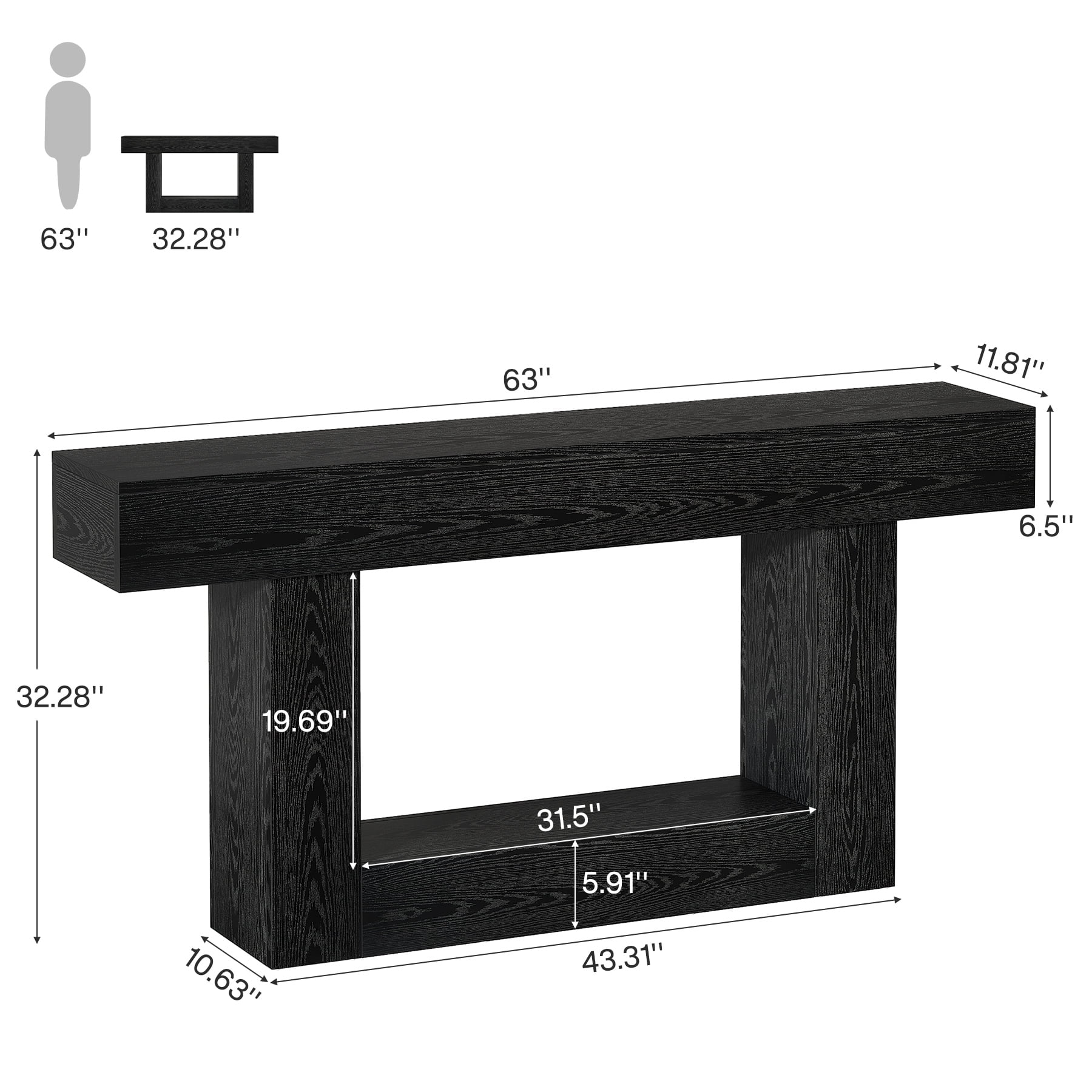 Demi Bonn 63" Wood Console Table, Farmhouse 2-Tier Sofa Table Entryway Table, Foyer Display Table, Black
