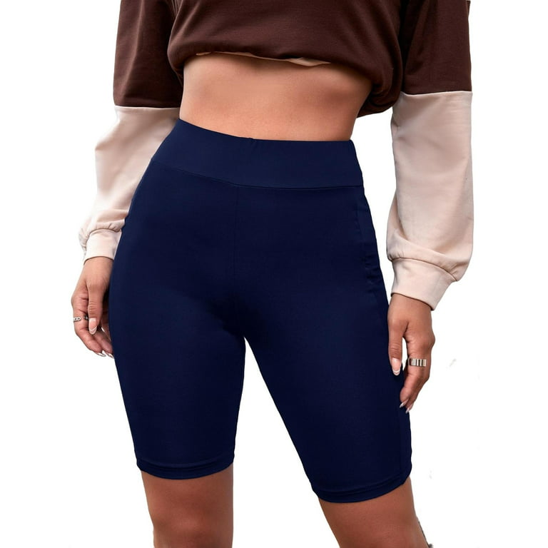Womens Biker Shorts Leggings Sporty High Stretch Polyester Navy Blue L