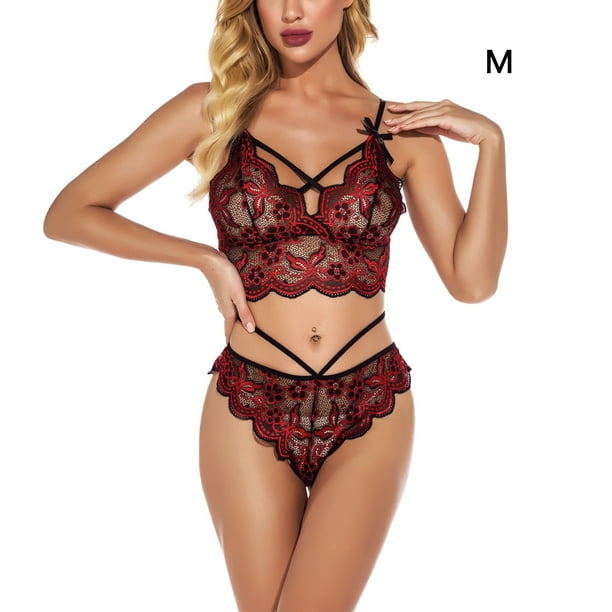 Encantadora ropa interior de encaje para mujer, lencería, ropa de dormir, ropa de dormir, rojo vino, M Inevent XX000088-06