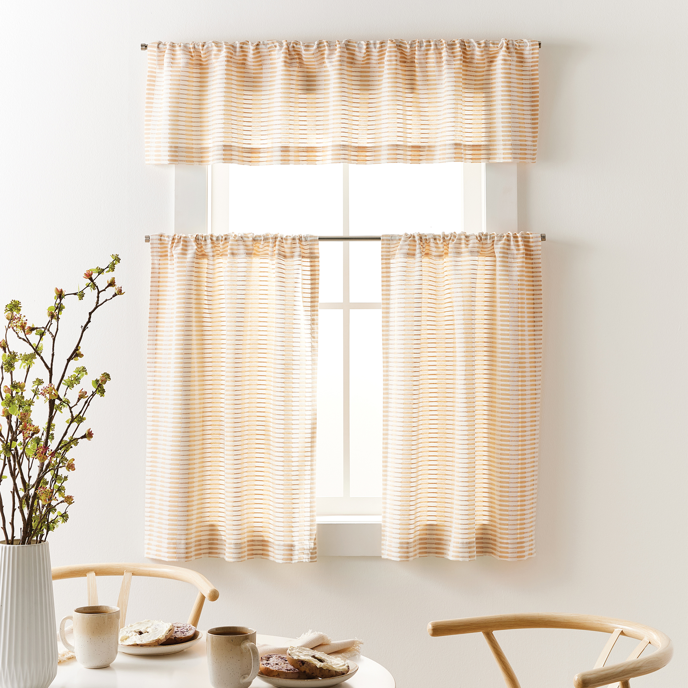 Better Homes & Gardens Ladder Stripe Kitchen Curtain Tiers and Valance, 3-Piece Set, Gold, 60" W x 36" L