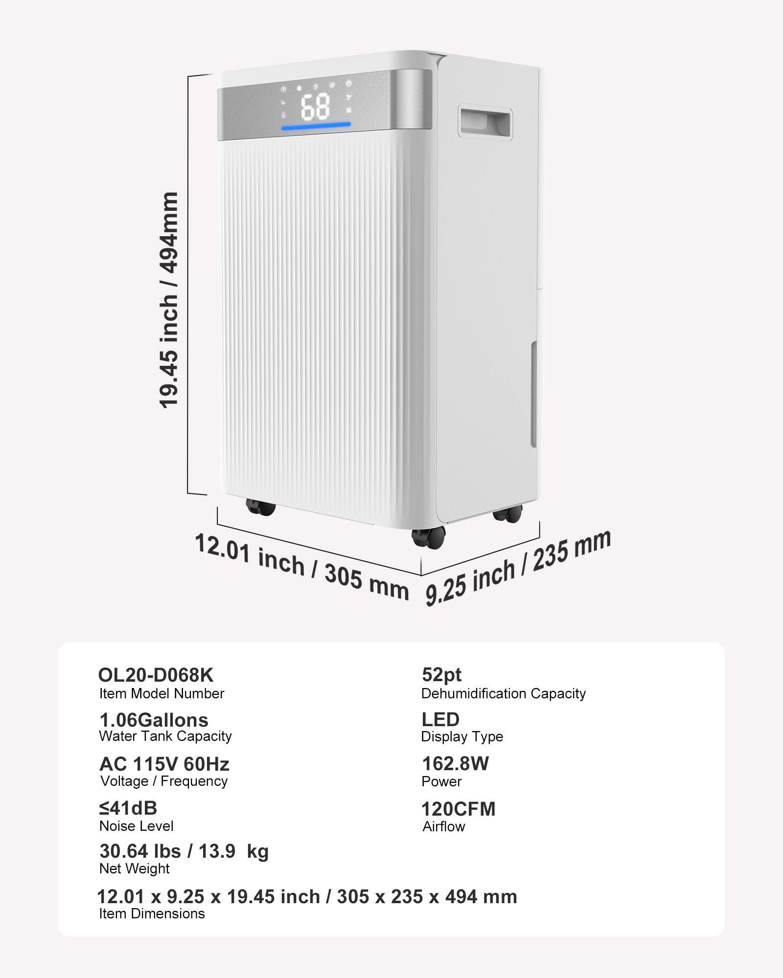 52 Pints Dehumidifier for Home and Basement, Smart Humidity Control with Low Noise Operation, Energy-Efficient Moisture Remover for Bedroom, Living Room, Basement, or Office, Quiet 38dB Performance