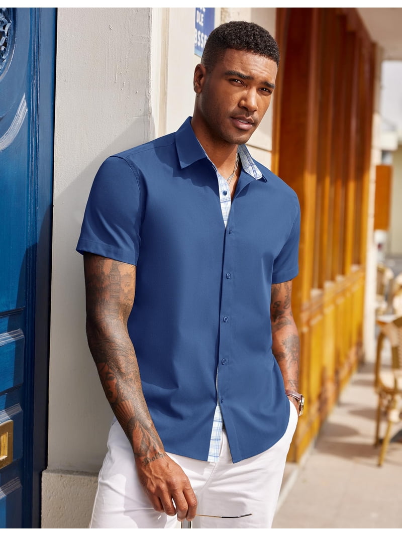 cooling dress shirt COOFANDY Cooling Shirts for Men Untucked Shirts Casual Short Sleeve Button  Down Summer