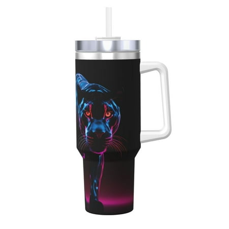 

Goofa Futuristic Purple Panther Print 40oz Ice Bully With Handle And Straw Stainless Steel Vacuum Insulated Cup And 2 In 1 Straw Lid