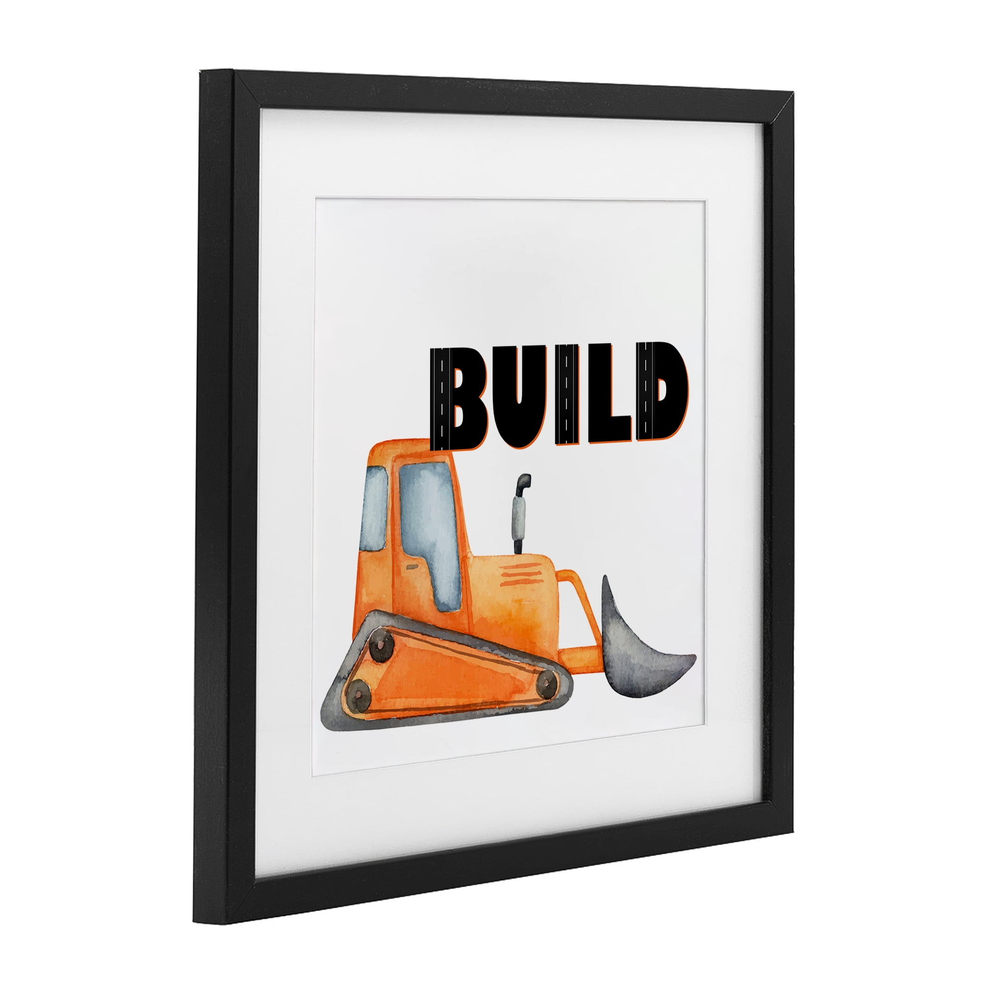 Build with Orange Bulldozer Black Framed Print Under Glass, design by Kim Allen