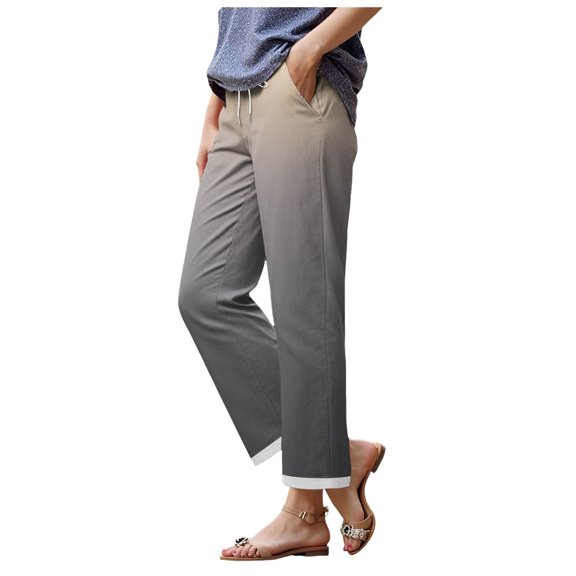 GEWSEY Womens Tapered Pants Cotton Linen Drawstring Back Elastic Waist Pants Casual Trousers with Pockets (Beige, XL)
