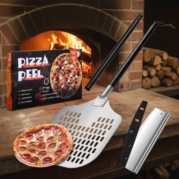 12 Inch Perforated Pizza Peel Aluminum Pizzas Spatula,  12’’ x 14’’ Metal Pizza Paddle with Rocker Cutter Pizza Oven Accessories Turning Tool Set, Easy Cleanup (Detachable Handle)