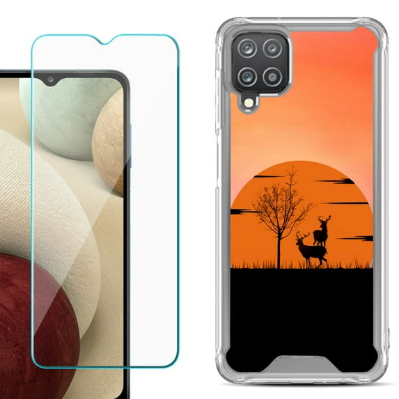 Shockproof Bumper Phone Case for Samsung Galaxy A12, with Tempered Glass Screen Protector, by OneToughShield ® - Sunset Deer