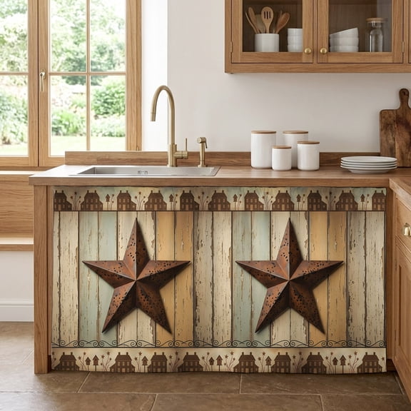 Rustic Brown Red Star Cabinet Curtains for Kitchen 28"W x 51"L, Barn Farmhouse Vintage Wood Striped Under Sink Skirt Magic Tape Short Curtain Decorative Privacy Panel for Pantry Cabinet Opening