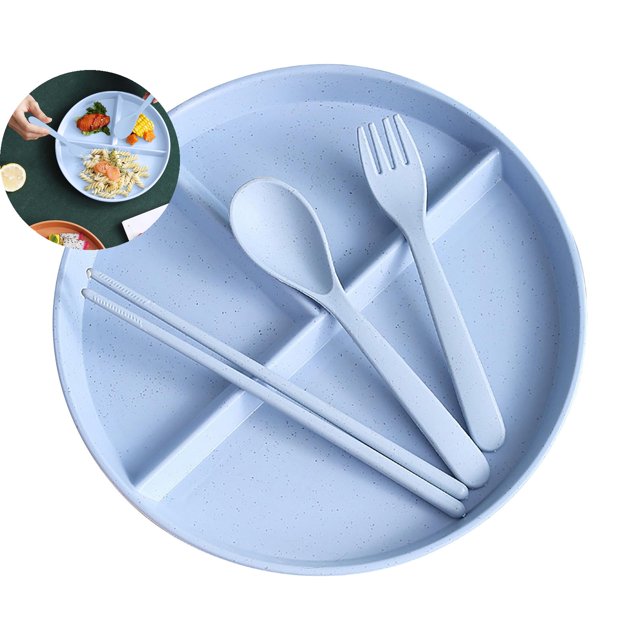 Dvruxg 3-Compartment Divided Tableware Set – Microwave Safe Fiber Plate with Spoon, Fork & Chopsticks – Meal Tray