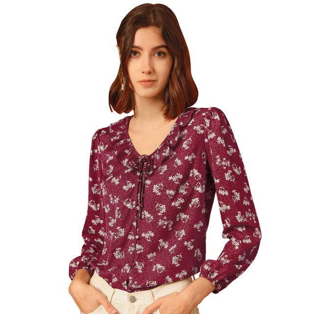 INSPIRE CHIC Women's Vintage Floral Tie V Neck Ruffle Fall Blouse Tops