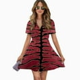 thumbnail image 2 of Red Tiger Stripe Velvet Fabric Women Dress V-Neck Short Sleeve Flowy Swing Party Midi Dress, 2 of 4