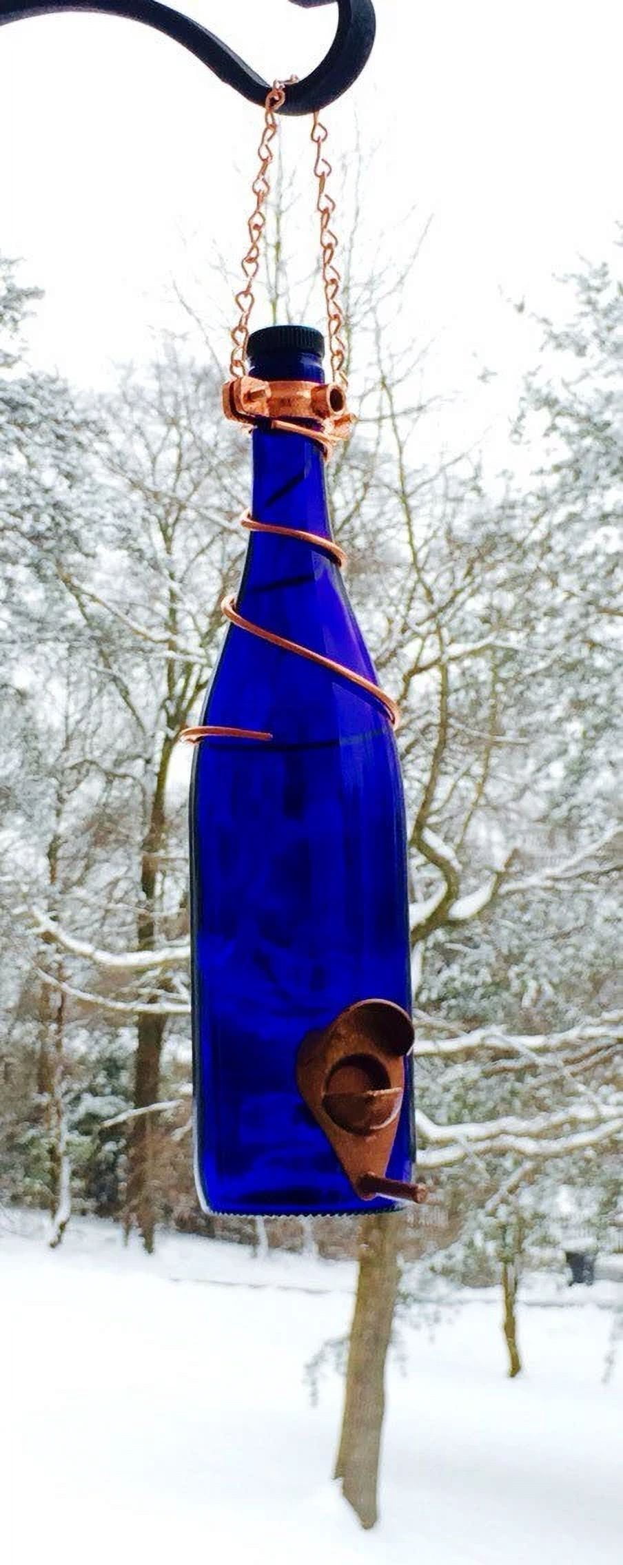 Blue Wine Bottle Bird Feeder with Copper Trim