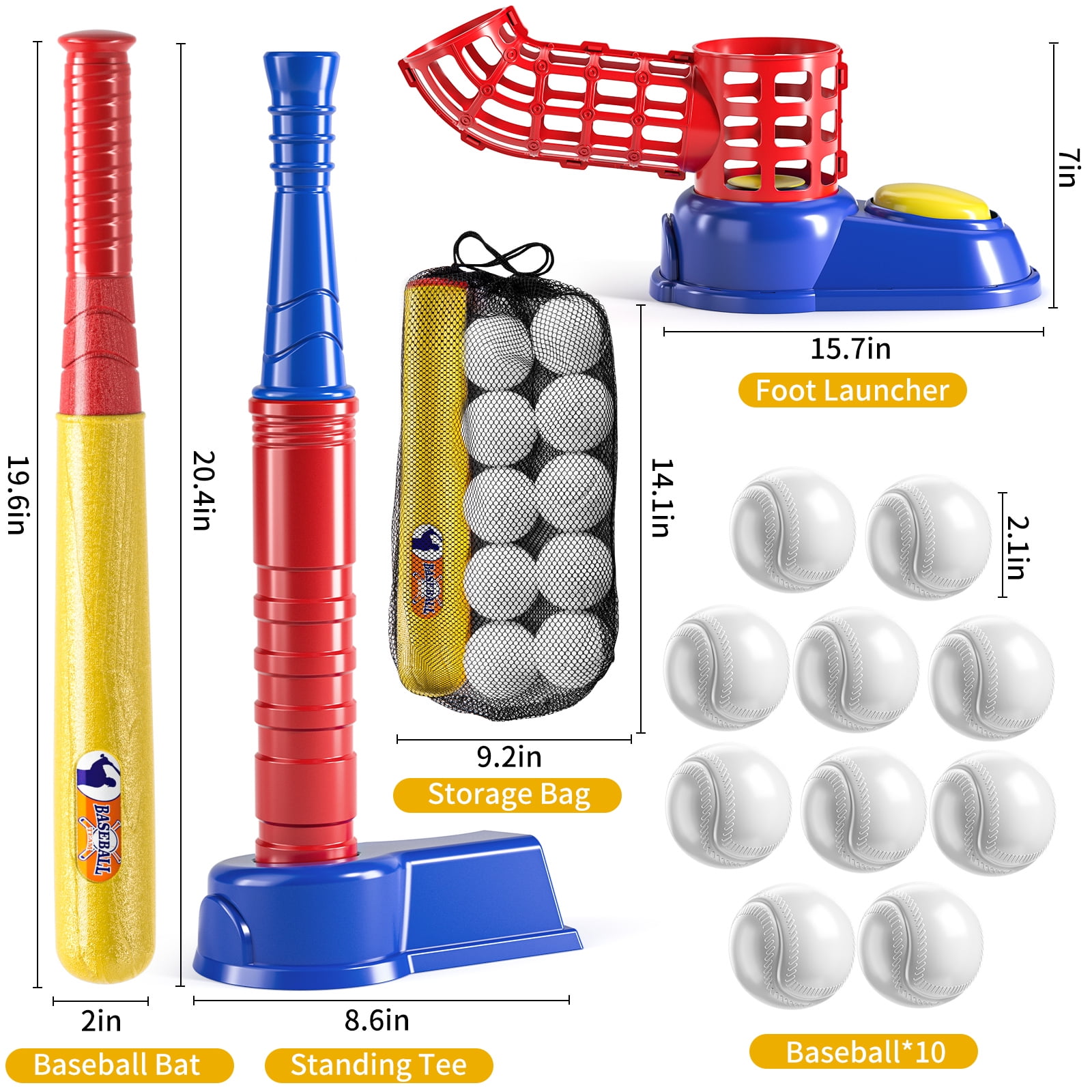 2 in 1 Tee Ball Set for Kids 3-5|5-8, Kids Baseball Tee, T-Ball Set with 10 Balls, Step on Pitching Machine, Batting Tee, Outdoor Sport Toy Games for 3 4 5 6 7 8 Year Old Boys Kids Toddler