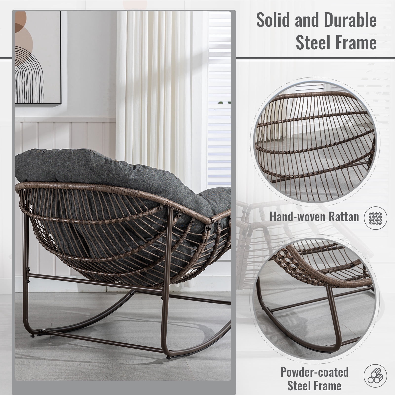 Indoor/Patio Rocking Chair, Oversized Rattan Egg Chair with Steel Frame & Padded Cushion