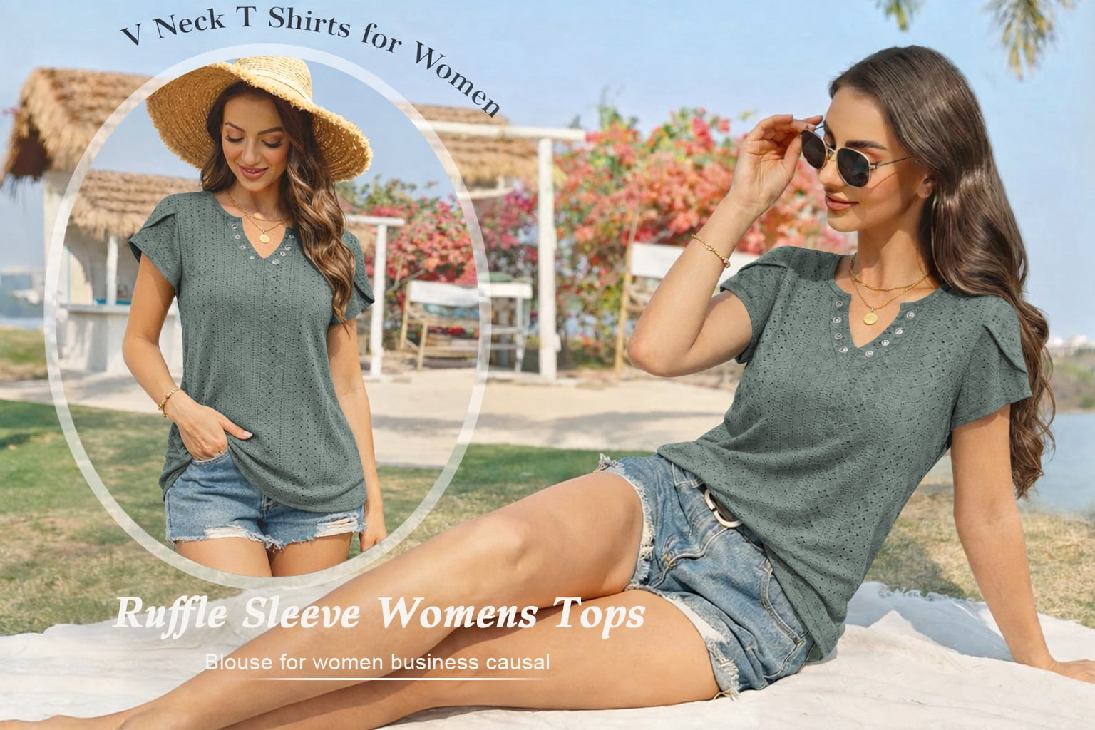 TEMOFON Women Tops Summer T-Shirts Short Sleeve Casual V Neck Tops Dressy Ruffle Sleeve Tunic Tops Cute Loose Ladies Tops Women Blouses Green XL