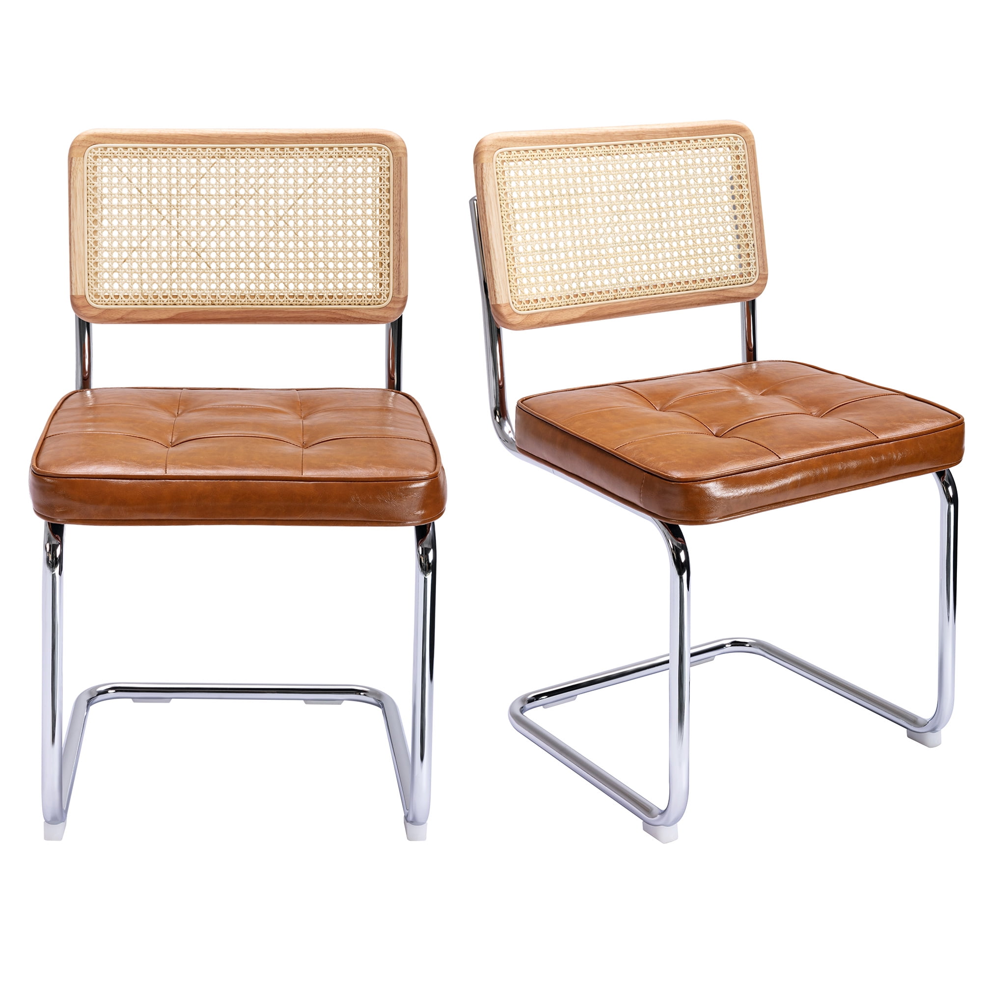 Zesthouse Rattan Dining Chairs Set of 2, Faux Leather Dining Chair with Cane Back and Chrome Legs, Mid-Century Modern Upholstered Kitchen Side Chairs for Dining Living Room, Brown