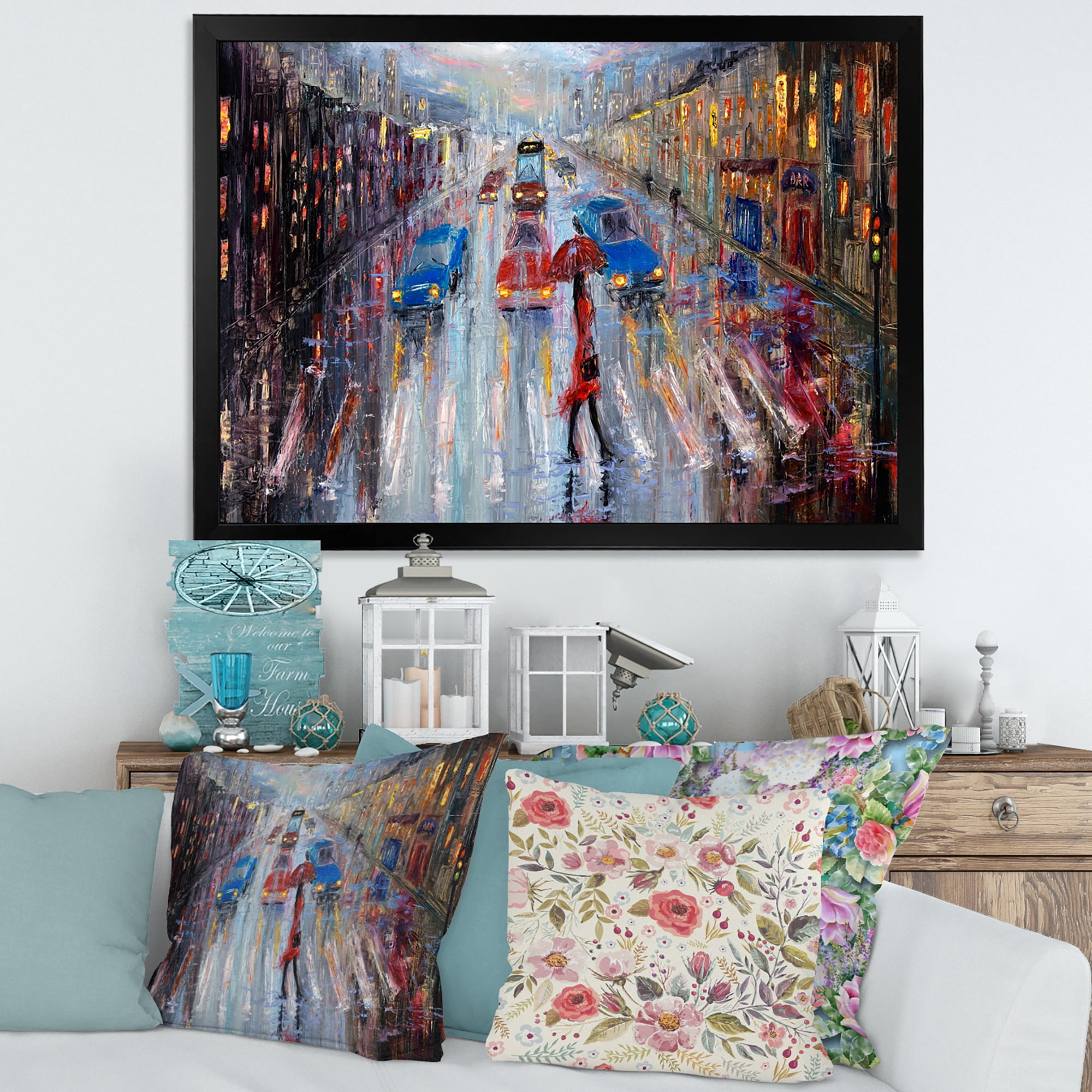Designart 'Girl In Red Crossing The Street' Traditional Framed Art Print