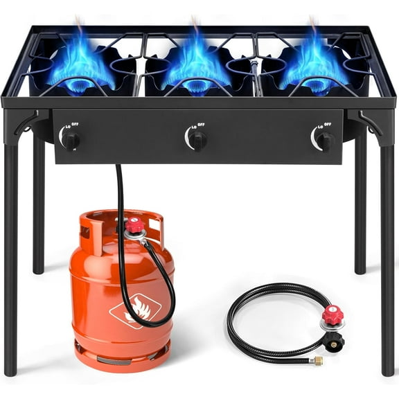 Karl home 3 Burner Propane Gas Stove for Outdoor Cooking, 225,000 BTU Camping Cooker with Removable Legs & Adjustable PSI Regulator for Backyard Cooking BBQ Baking Frying