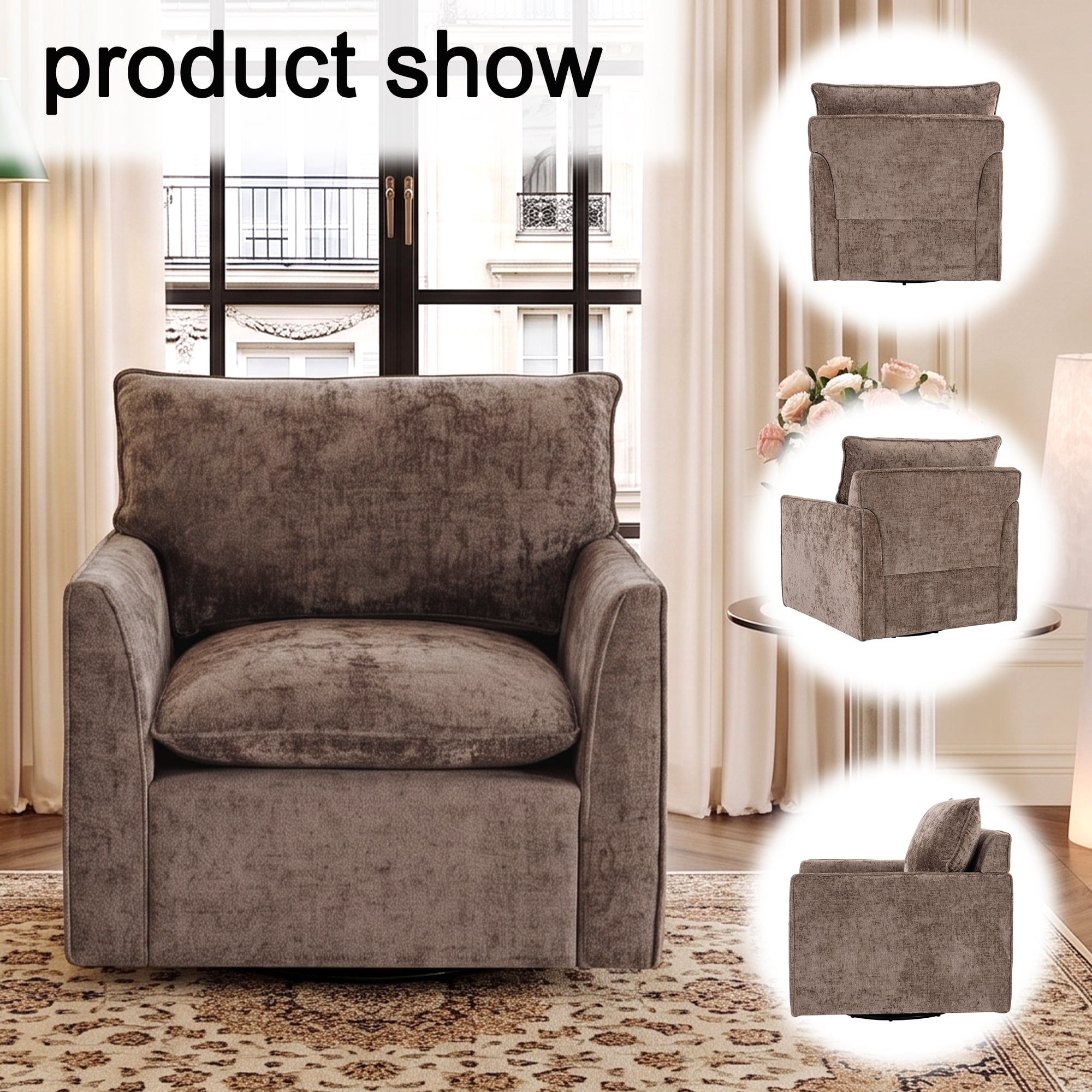 GARITIN 360° Swivel Accent Chair, Comfy Single Square Sofa Armchair, Upholstered Club Chair for Living Room Bedroom Reading Room, Chenille Fabric, Brown