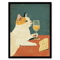 Artery8 Cat Drinking Glass of Wine with Cheese Painting For Kitchen Artwork Framed Wall Art Print A4