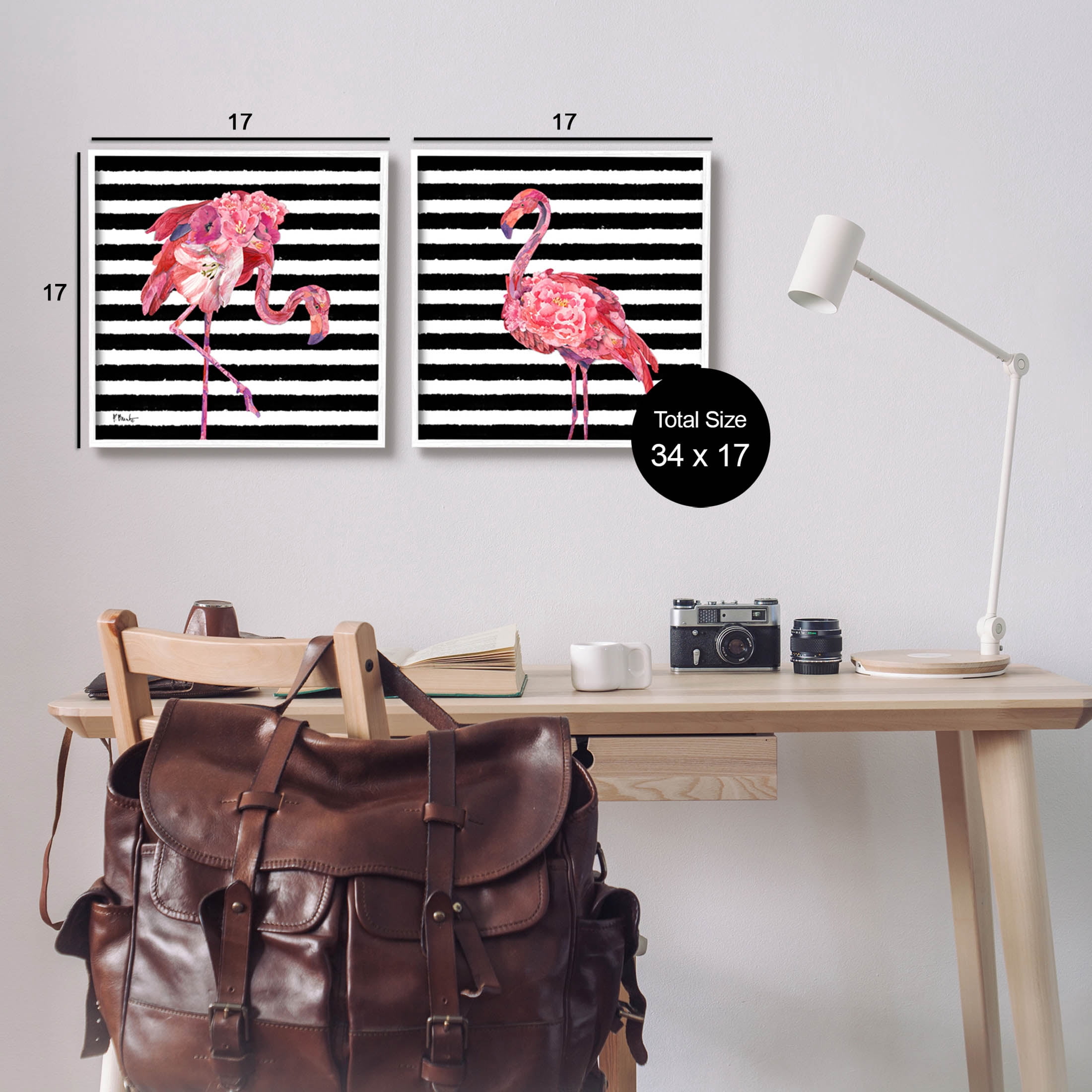 Bold Striped Flamingo Blossoms Animals & Insects Graphic Art White Framed Art Print Wall Art, Set of 2