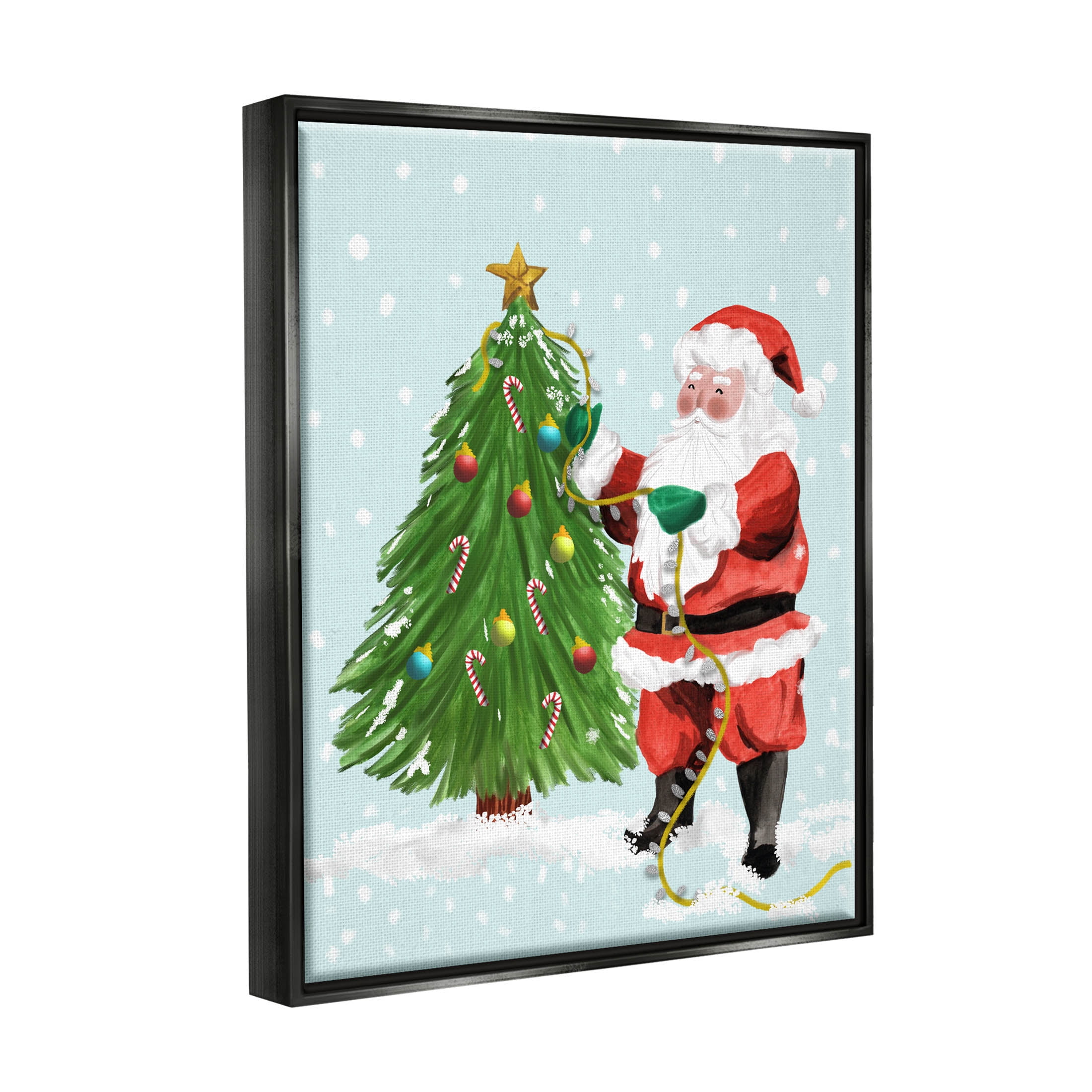 Snowy Santa Claus Tree Scenery Holiday Graphic Art Jet Black Framed Art Print Wall Art