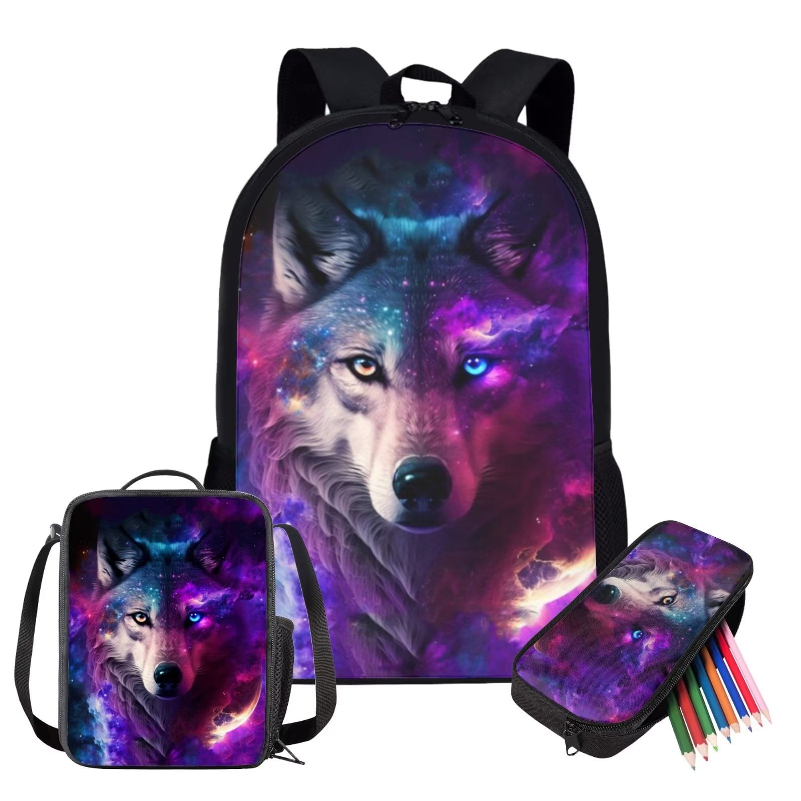 FKELYI Universe Space Galaxy Wolf Backpack for School with Lunch Box Animal Durable Lightweight