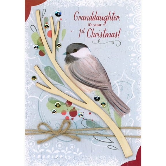 Designer Greetings Bird on 3D Die Cut Branch, Brown Twine with Bow and Sequins 1st / First Hand Decorated Christmas Card for Granddaughter